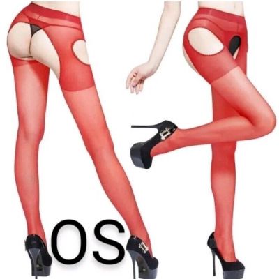 ????NEW Womens Red Open Crotch Tights Pantyhose Sheer Stockings Hosiery~Size OS